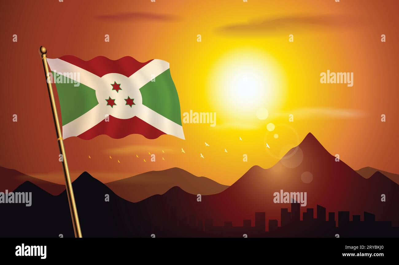 Drapeau du Burundi avec fond de coucher de soleil des montagnes et des lacs Illustration de Vecteur