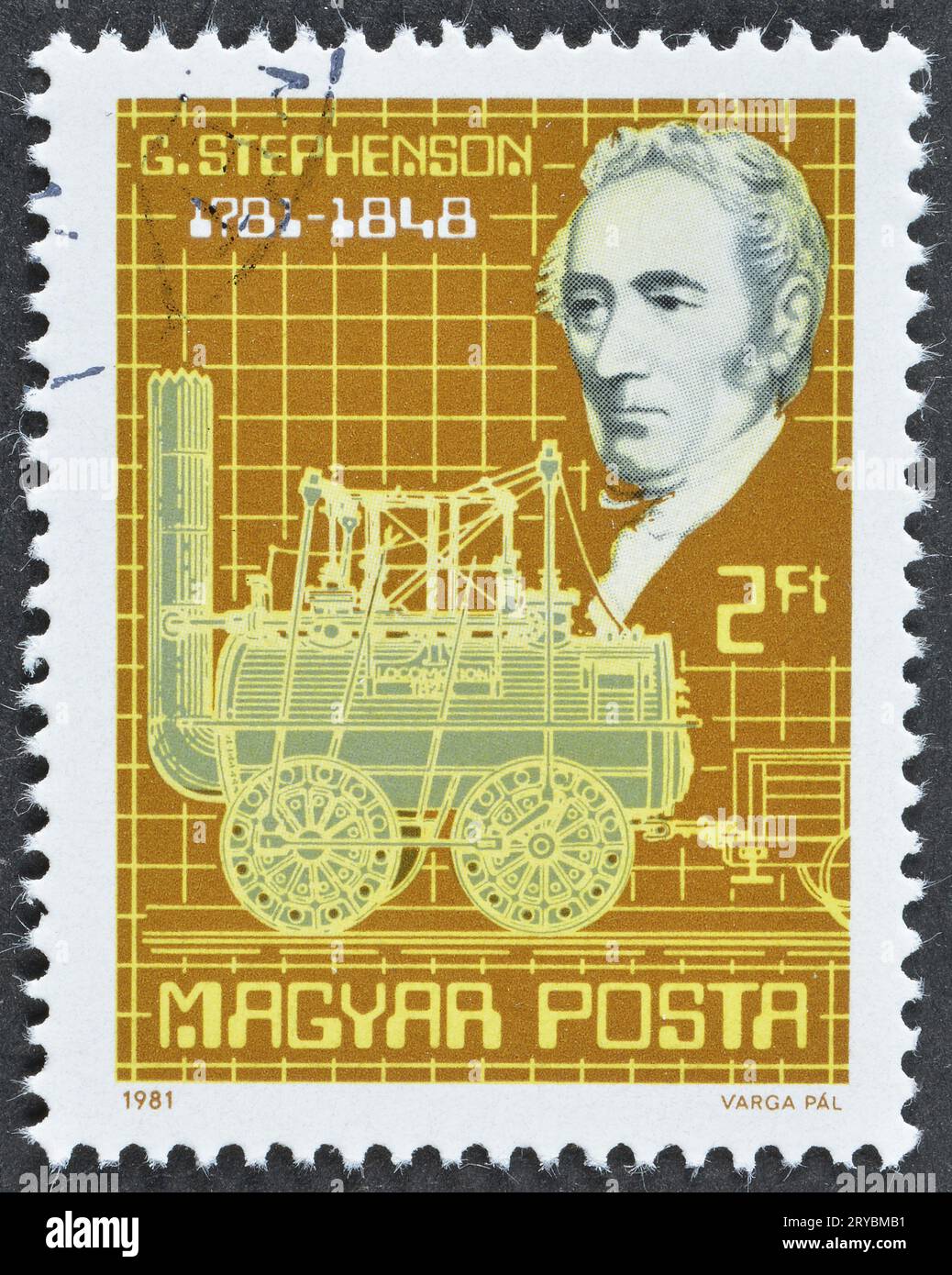 Timbre-poste annulé imprimé par la Hongrie, qui célèbre le 200e anniversaire de naissance de George Stephenson (1781-1848), vers 1981. Banque D'Images