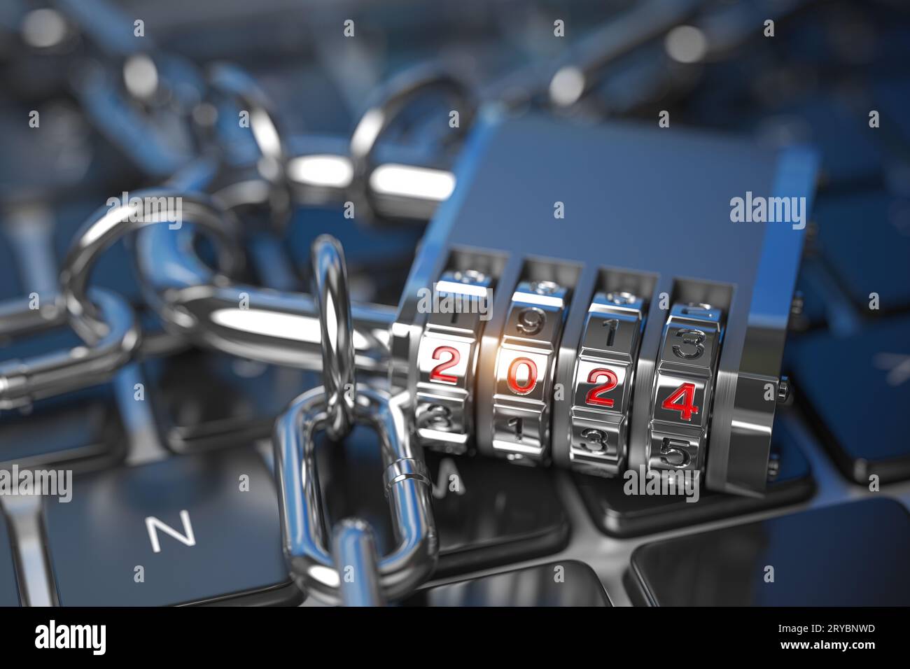 Nouvelle année 2024 verrou de code. sur le clavier de l'ordinateur. Cyber sécurité et tendances de protection des données Internet 2024 concept. illustration 3d. Banque D'Images