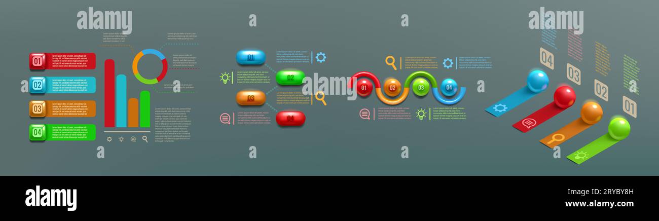 Infographie 3D. 4 onglets modernes dorés pour la présentation. Ruban abstrait et boutons de boule. Diagramme de flux numérique avec des chiffres. Mise en page couleur de l'infographie de rapport d'entreprise. Jeu de bannières de processus de travail Vector Illustration de Vecteur