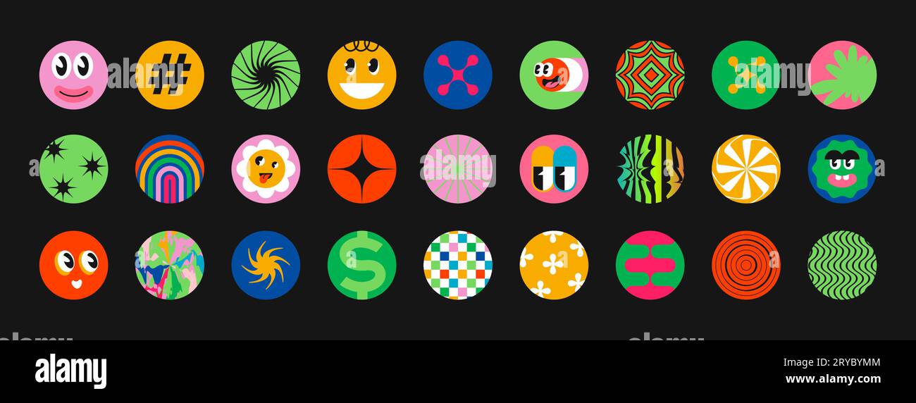 Créez des autocollants. Forme abstraite. Collage rétro à partir d'éléments de conception de dessins animés. Couleurs froides. Smiley ludique. Symboles géométriques simples. Yeux drôles. Joyeux emoji. Hashtag et dollar. Ensemble d'icônes de cercle vectoriel Illustration de Vecteur