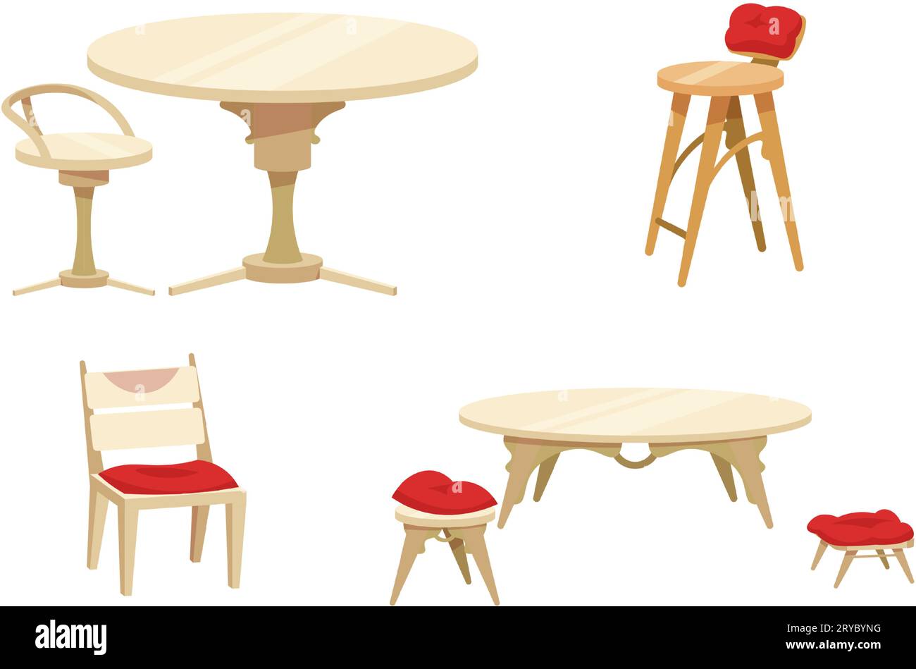 Table et chaise. Meubles en bois pour la maison. Tabouret de bar. Fauteuil avec oreiller. Mobilier de chambre ou de terrasse. Bureau à manger. Sièges confortables. Décoration d'appartement design. Ensemble d'objets isolés intérieurs de maison de vecteur Illustration de Vecteur
