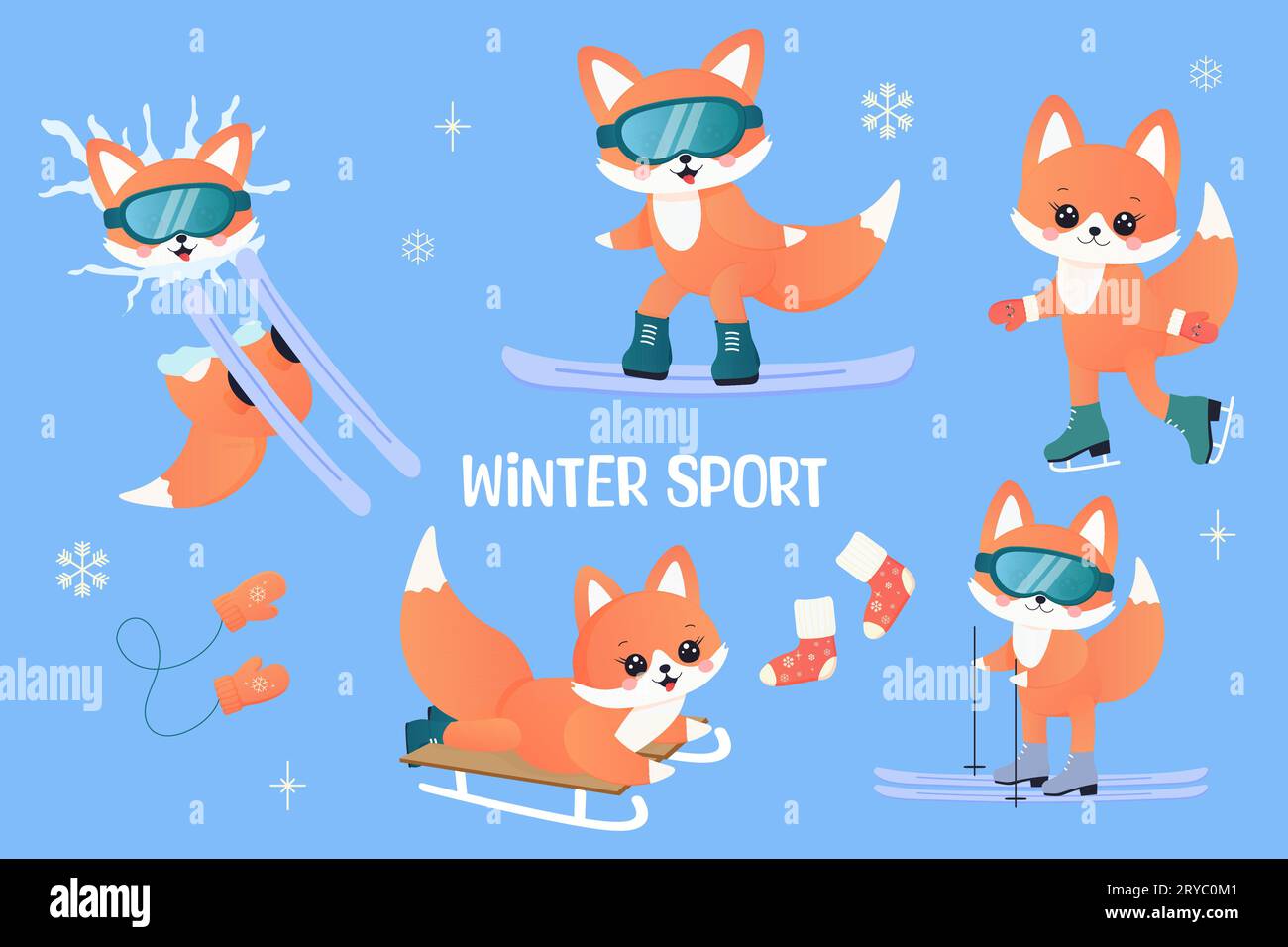 ensemble de sports d'hiver. fox sur skis, luge, snowboard, patins. Illustration vectorielle Illustration de Vecteur