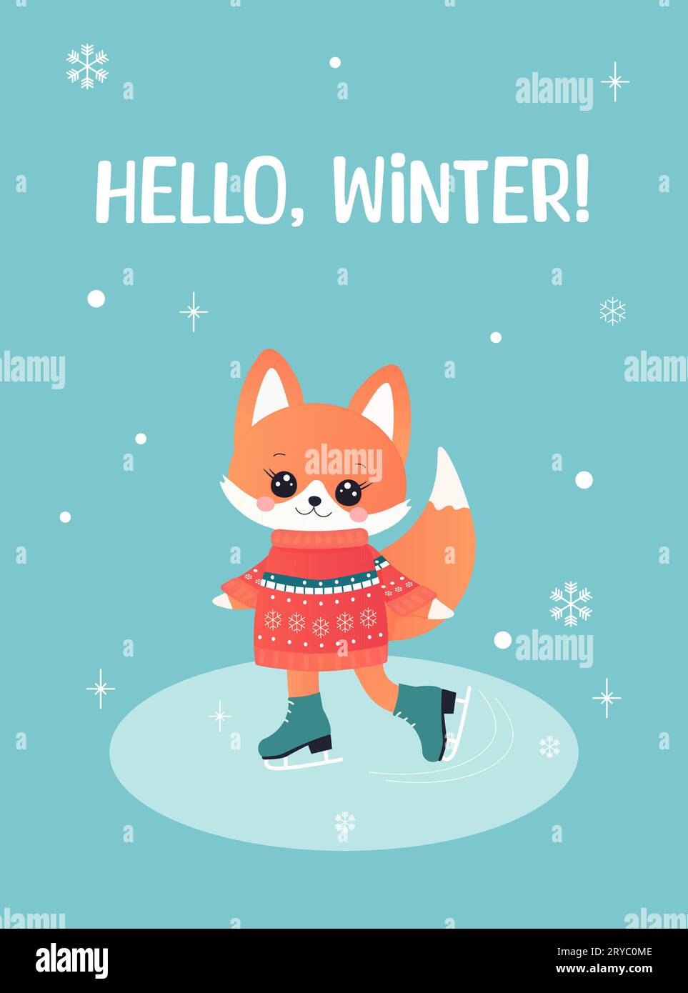 carte d'hiver, voeux, nouvel an et noël. avec un renard mignon. patinage, luge, ski. illustration vectorielle Illustration de Vecteur