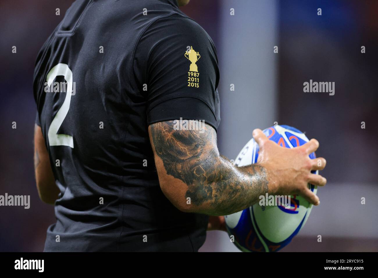 Lyon, France. 29 septembre 2023. CODiE Taylor #2 du maillot néo-zélandais détails lors de la poule de la coupe du monde de rugby Un match entre la Nouvelle-Zélande et l'Italie au Stade de Lyon le 29 septembre 2023 à Lyon, France. Photo Baptiste Paquot/ABACAPRESS.COM crédit : Abaca Press/Alamy Live News Banque D'Images