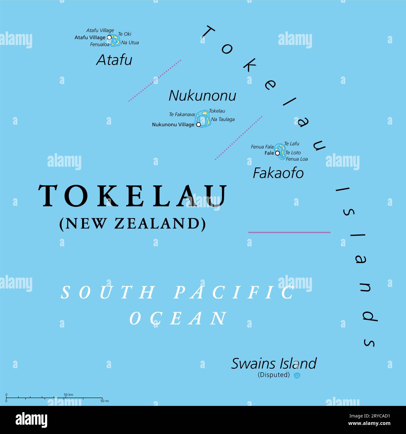 Tokélaou, territoire dépendant de la Nouvelle-Zélande, carte politique. Archipel du Pacifique Sud composé des atolls Atafu, Nukunonu et Fakaofo. Banque D'Images