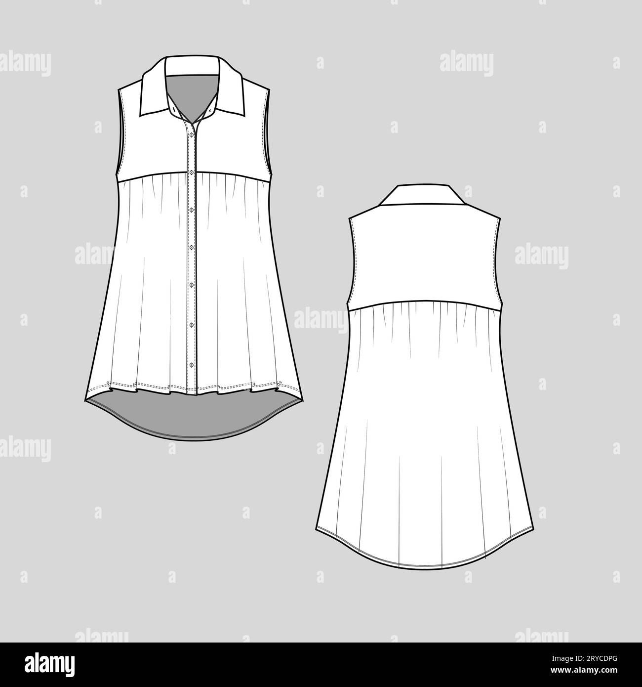 Femmes revers sans manches col chemise à bouton entièrement ouvert panneau de bouton rassemblement ourlet plongeant haut blouse Fashion Flat esquisse modèle de dessin technique cad Illustration de Vecteur