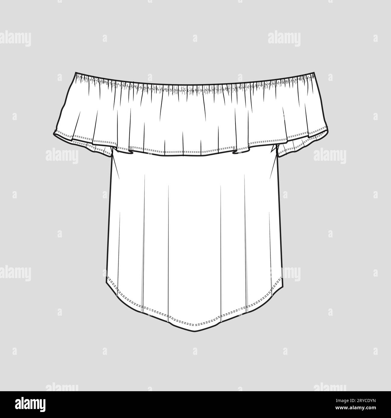 Femmes mode hors épaule volants v forme ourlet haut chemisier maquette plat dessin technique vecteur de conception de modèle de dessin Illustration de Vecteur