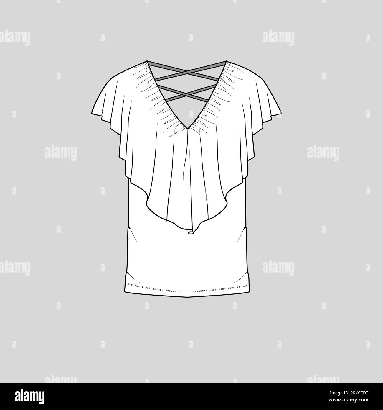 Femmes Fashion V col volants t-shirt sans manches haut blouse plat esquisse technique modèle de dessin vecteur vecteur de conception Illustration de Vecteur