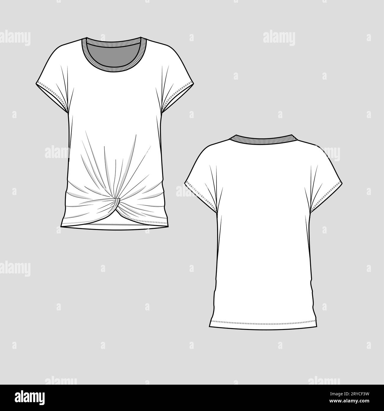 Femme manches kimono devant l'ourlet torsadé col rond t chemise haut chemisier mode plat esquisse technique modèle de dessin vecteur de conception Illustration de Vecteur