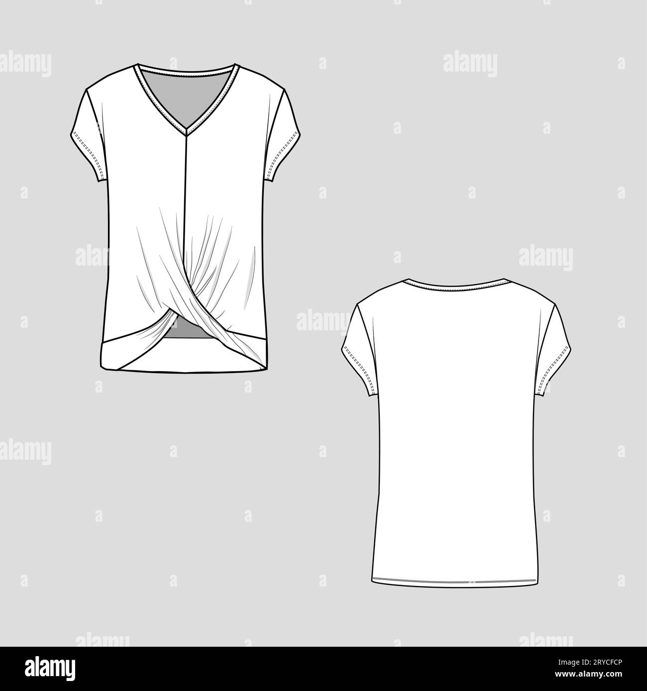 Femme devant t-shirt torsadé col v manches courtes noeud mode haut blouse plat esquisse modèle de dessin technique Deign vecteur Illustration de Vecteur