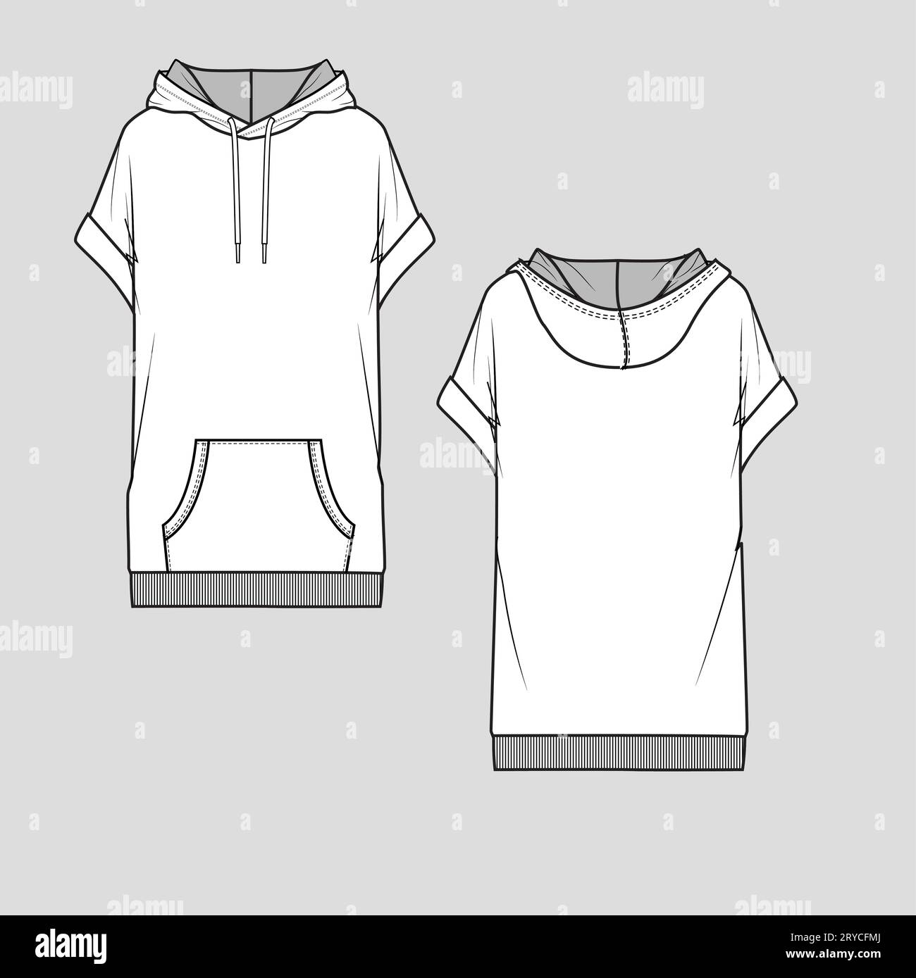 Sweat-shirt à capuche long femme Robe roll up manche mode esquisse plate dessin technique vecteur de conception de modèle de dessin Illustration de Vecteur