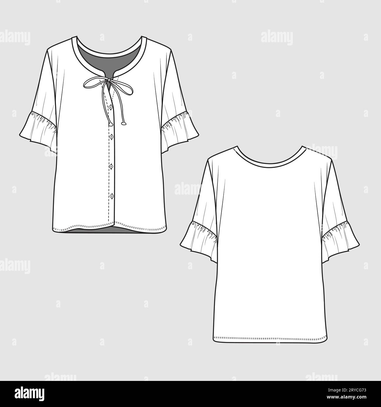 Femmes noeud cravate volants manche Henley plein panneau de bouton ouvert t chemise haut chemisier mode plat esquisse technique modèle de dessin vecteur de conception Illustration de Vecteur