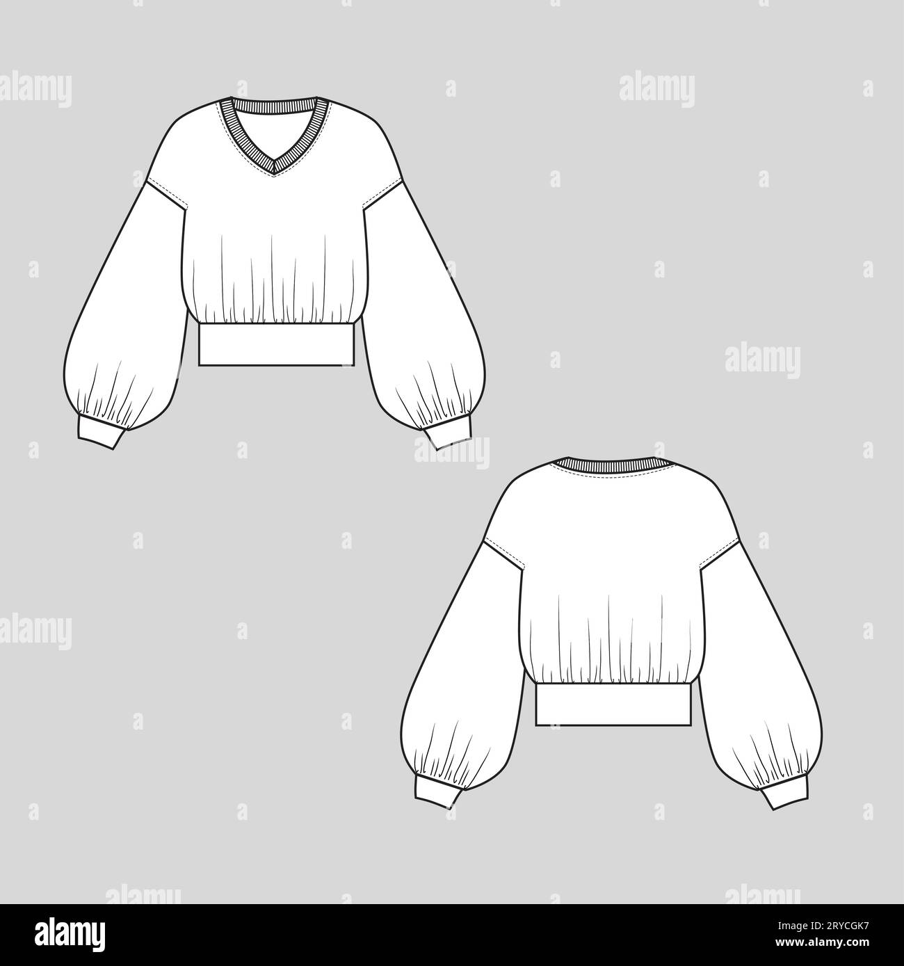 Femmes Sweatshirt goutte à goutte épaule Balloon Sleeve rassemblement V col en V ourlet mode Sweatshirt plat esquisse cad modèle de dessin technique Illustration de Vecteur