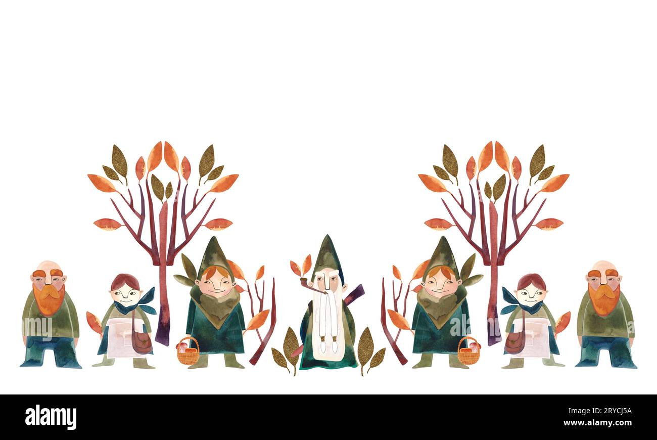 Une famille de gnomes se promènent dans la forêt : un grand-père, un gnome femelle, un jeune gnome et un gnome roux entre les arbres. Bannière. Watercolo Banque D'Images