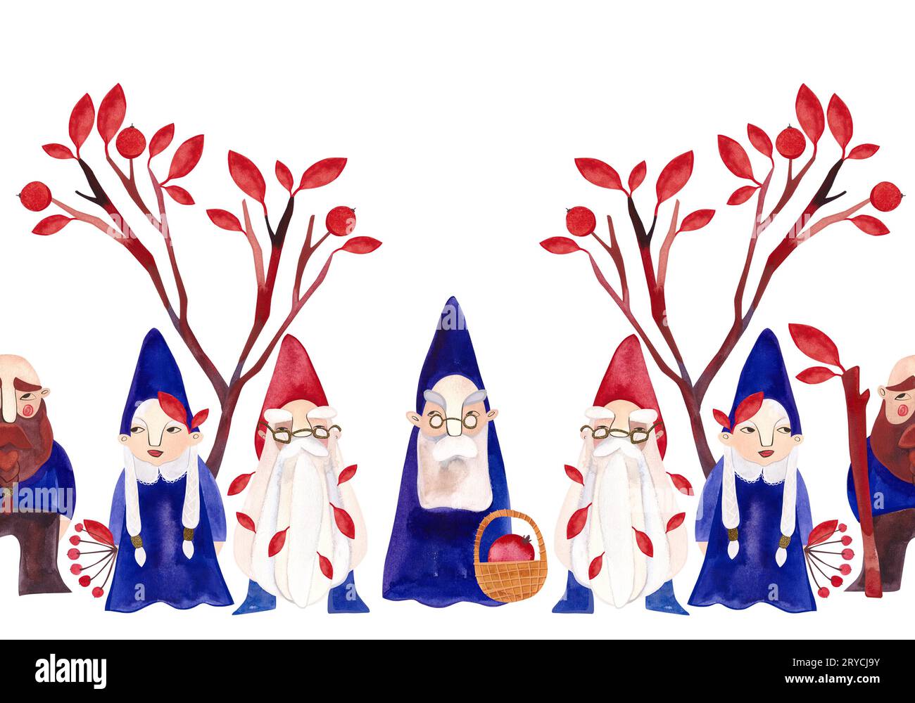 Une famille de gnomes se promènent dans la forêt. Bordure sans couture pour décorer des murs dans une chambre d'enfants. Aquarelle illustration dessinée à la main isolée o Banque D'Images