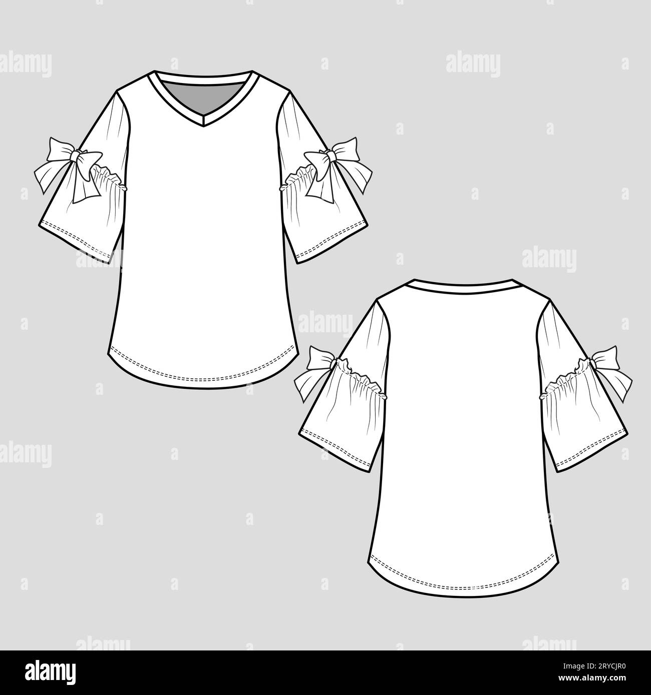 Bow Tie Sleeve Fashion Trumpet Sleeve rassemblement V Neck Top t shirt Blouse CAD Flat Sketch modèle de dessin technique vecteur de conception Illustration de Vecteur