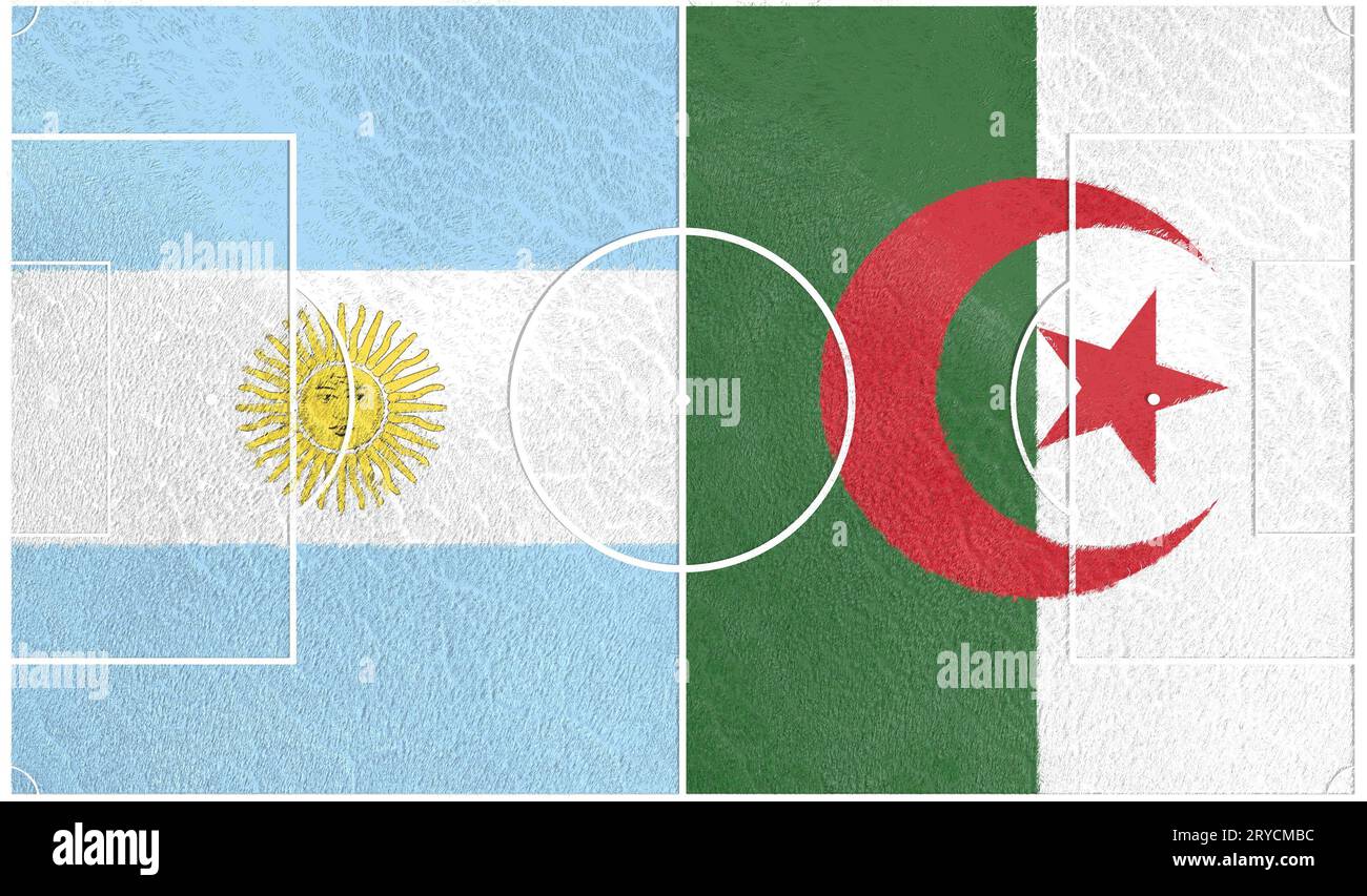 Algérie vs Argentine. Terrain de football texturé par des drapeaux Banque D'Images