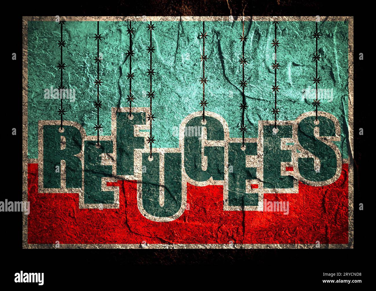 Texte réfugiés suspendu par du fil de fer barbelé Banque D'Images