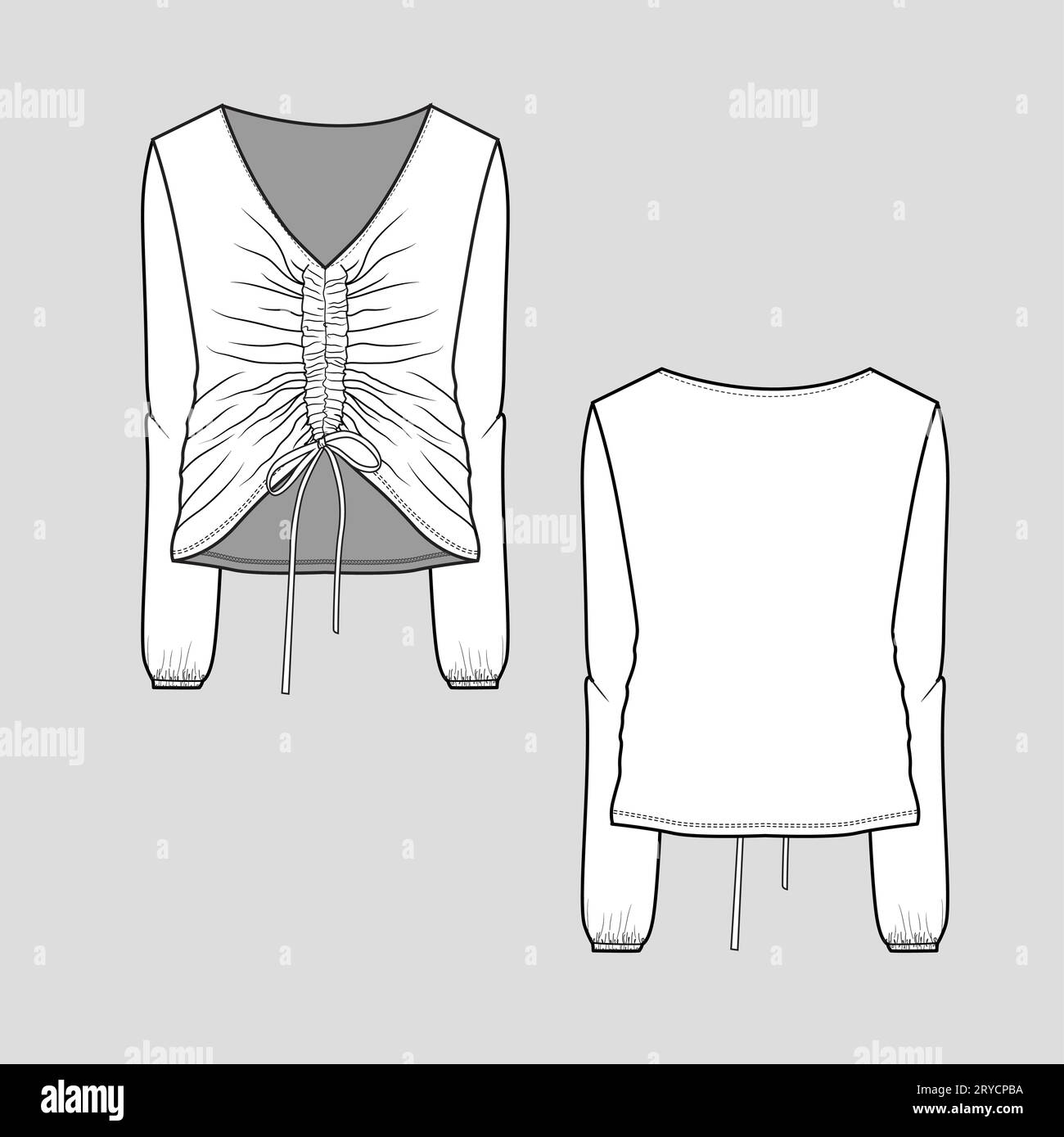 Femmes Front Shirring Elastic Gathering Tie nœud col en V manches longues manches à ourlet rassemblement t t-shirt Top Blouse CAD Fashion Flat Sketch dessin technique Illustration de Vecteur