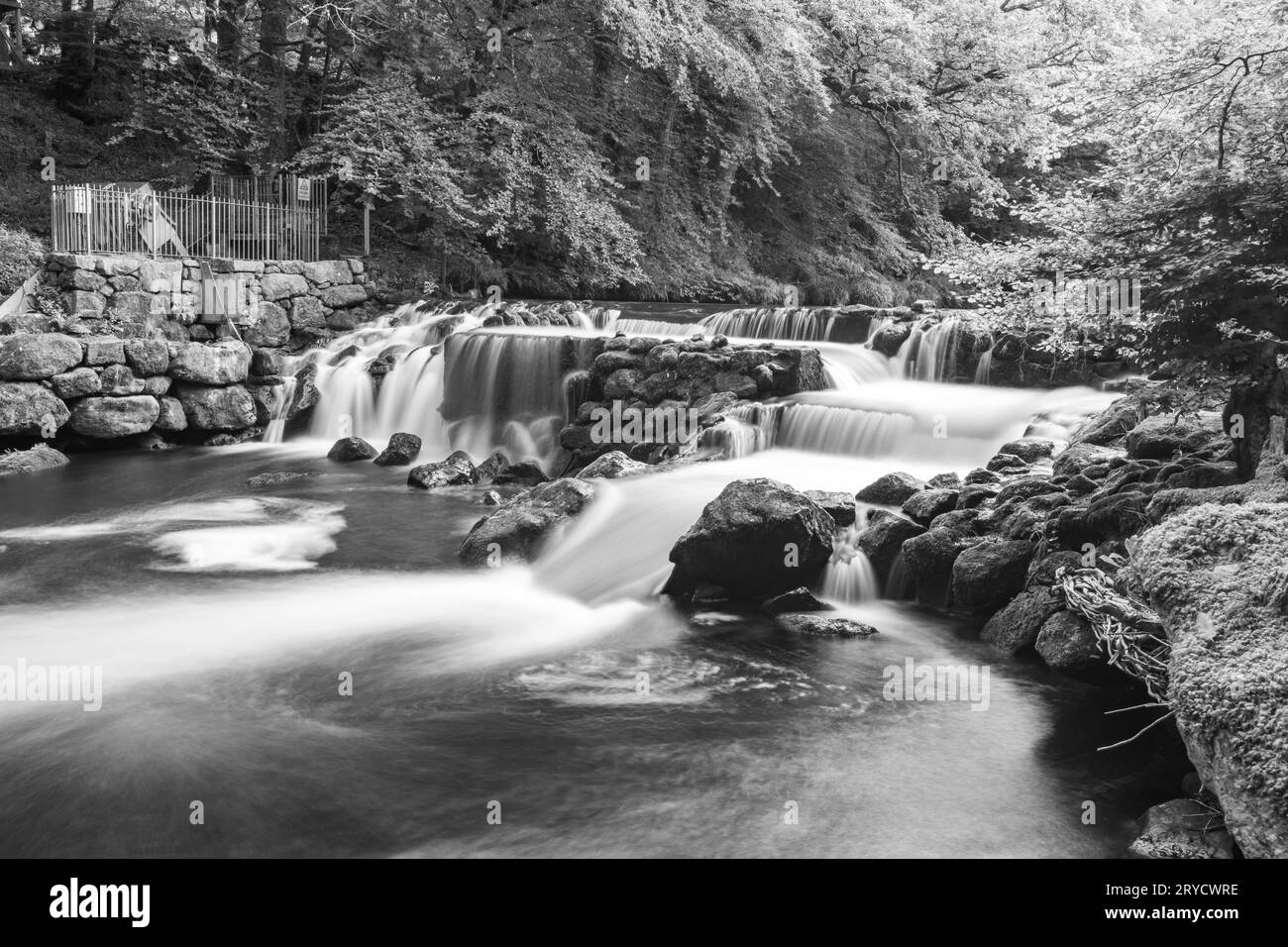 Longue exposition de la rivière Teign qui coule à travers le déversoir du château de Drogo dans le parc national de Dartmoor Banque D'Images