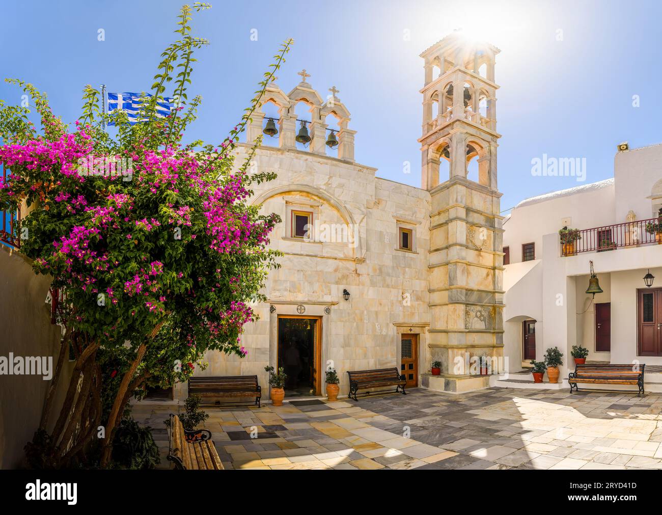 Monastère de Panagia Tourliani dans le village d'Ano Mera, îles Mykonos, Grèce Cyclades Banque D'Images
