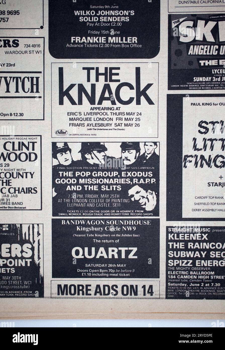 Publicité pour concerts dans le numéro des années 1970 de NME New musical Express Music Paper Banque D'Images