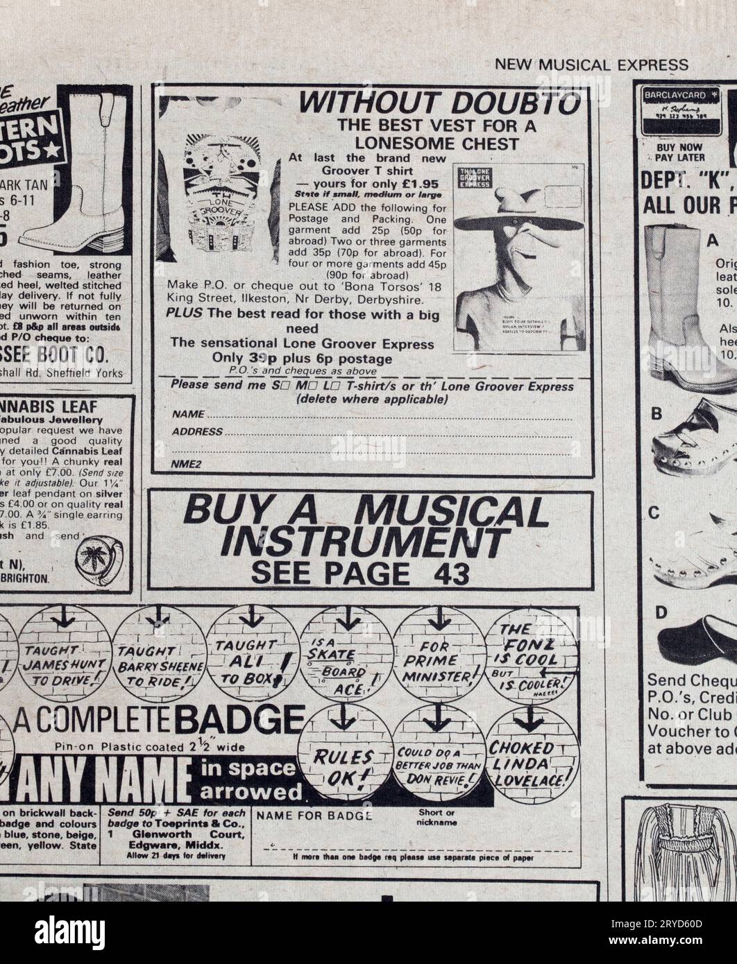 Publicité pour le T-shirt Lone Groover Cartoon dans le numéro des années 1970 de NME New musical Express Music Paper Banque D'Images