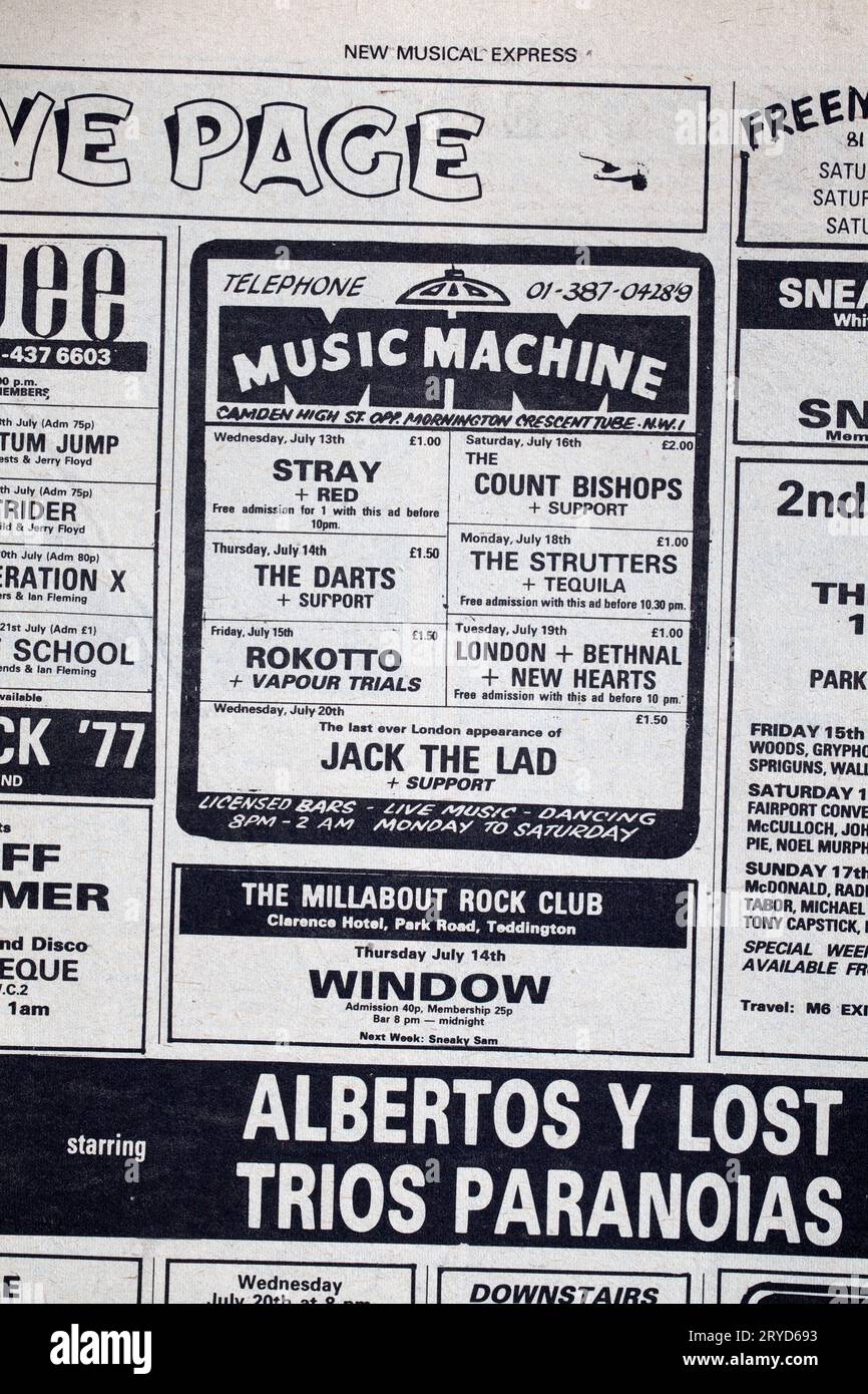 Publicité pour les concerts Music machine dans le numéro des années 1970 de NME New musical Express Music Paper Banque D'Images