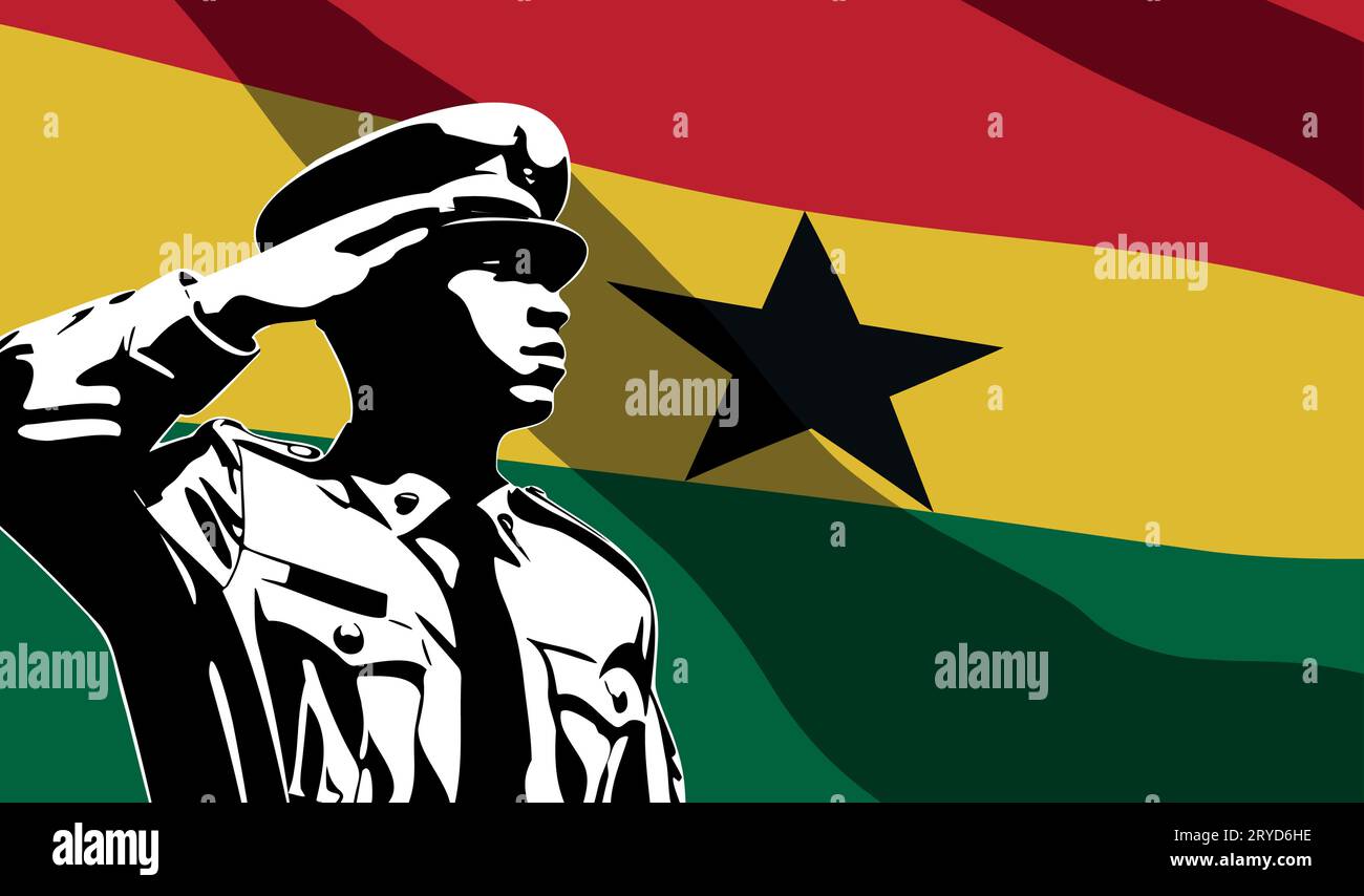Silhouette de soldat avec drapeau du Ghana sur fond. Concept de jour de l'armée Illustration de Vecteur