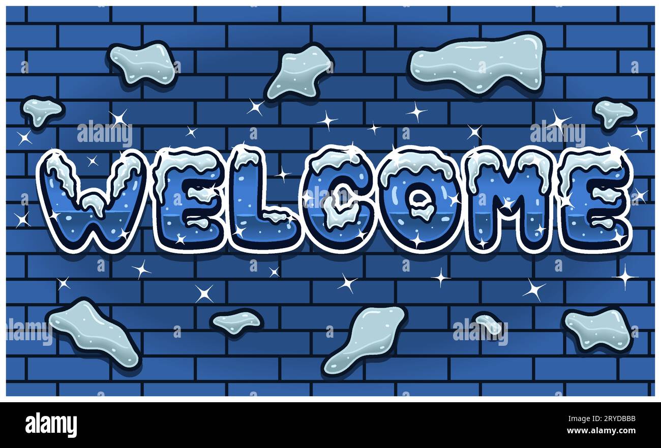 Lettrage de bienvenue avec police de glace de neige dans le fond de mur de brique pour le modèle d'affiche. Effet de texte et dégradés simples. Illustrations vectorielles. Illustration de Vecteur