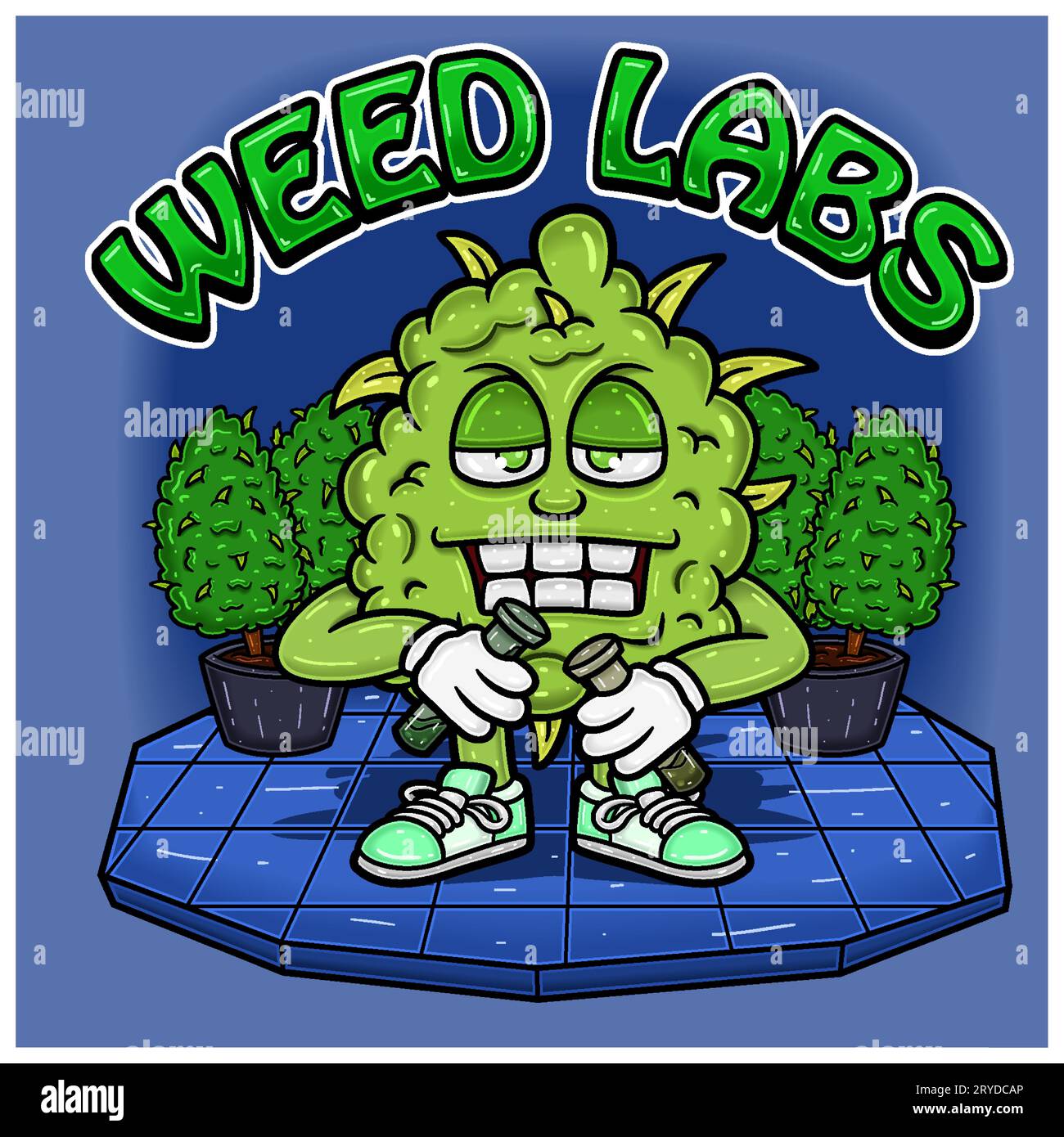 Weed Bud avec Bongs dans Floor Characters Cartoon. Pour Mascot logo, Tshirt Design, Business, couverture, étiquette et produit d'emballage. Vector et Illustration Illustration de Vecteur