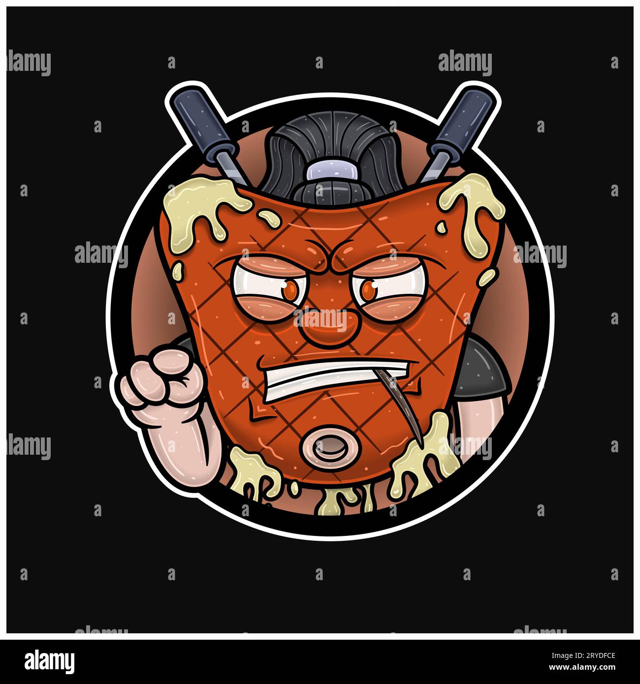 Mascotte Cartoon of Meat Steak avec deux fourches et Angty face. Logo cercle. Illustrations vectorielles Illustration de Vecteur Mascotte Cartoon of Meat Steak avec deux fourches et Angty face. Logo cercle. Illustrations vectorielles Illustration de Vecteur