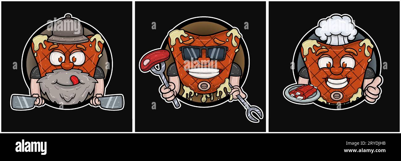 Ensemble de mascotte de steak de bœuf. Visage délicieux, cool et heureux. Logo cercle. Pour les logos de nourriture, viande, barbecue et bœuf. Illustrations vectorielles. Illustration de Vecteur Ensemble de mascotte de steak de bœuf. Visage délicieux, cool et heureux. Logo cercle. Pour les logos de nourriture, viande, barbecue et bœuf. Illustrations vectorielles. Illustration de Vecteur