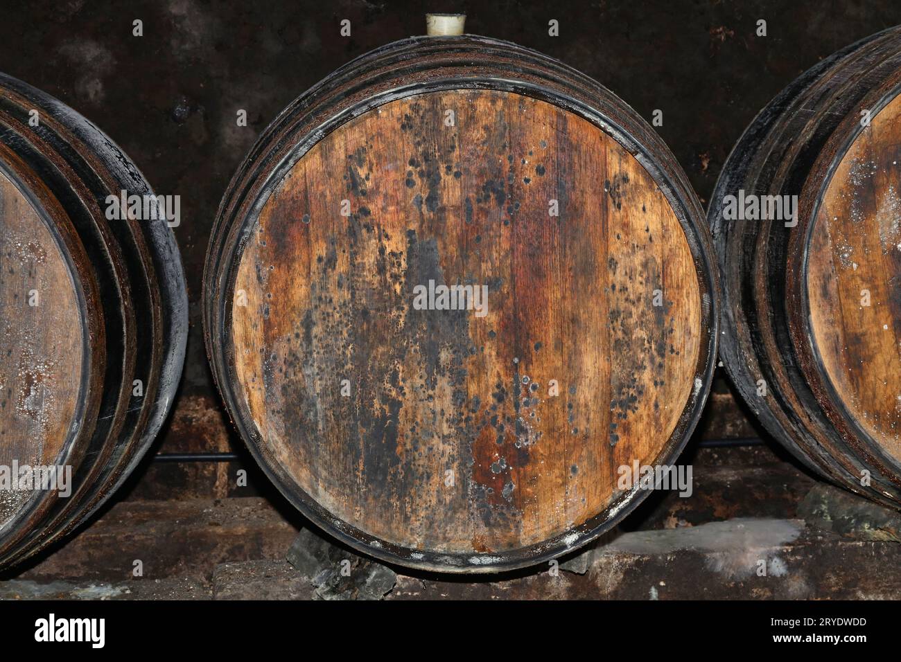 Rangées de fûts de vin en bois de chêne dans la cave de la cave Banque D'Images