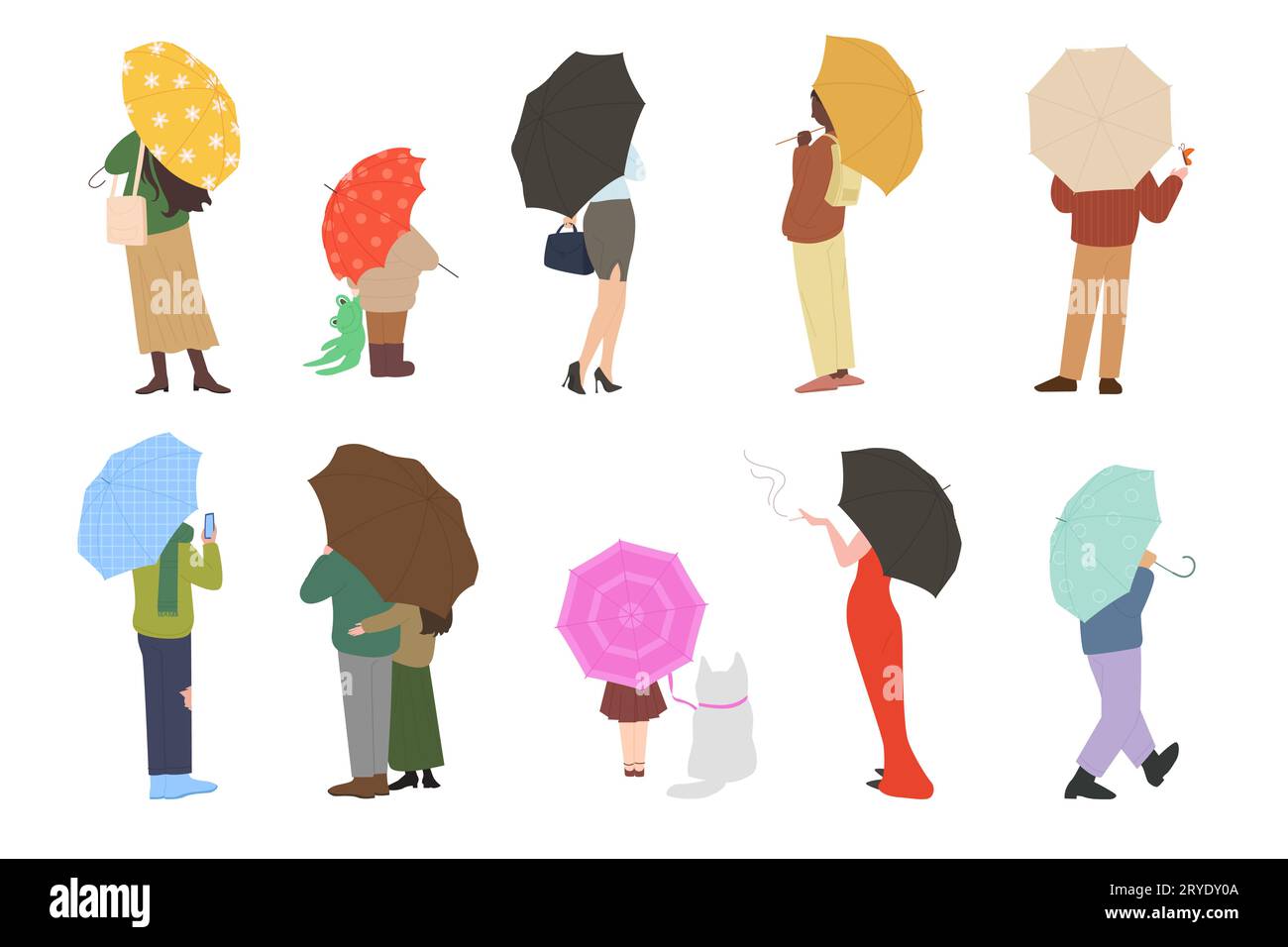 Personnes avec des parapluies, vue arrière set illustration vectorielle. Cartoon isolé des personnages féminins et masculins debout par temps de pluie, des enfants mignons et des adultes marchant et tenant des parasols sous la pluie Illustration de Vecteur