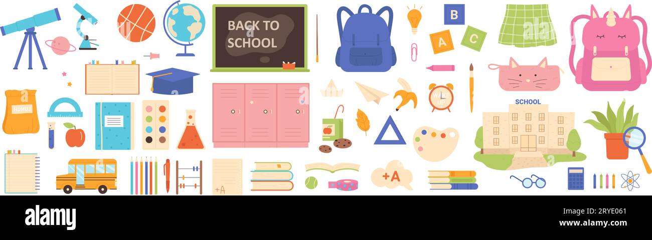 Carnet de dessin animé mignon et crayon pour les enfants, livre, sac à dos licorne pour les leçons isolé blanc. Concept d'éducation. Fournitures scolaires, construction et papeterie ensemble pour illustration vectorielle d'album d'automne Illustration de Vecteur