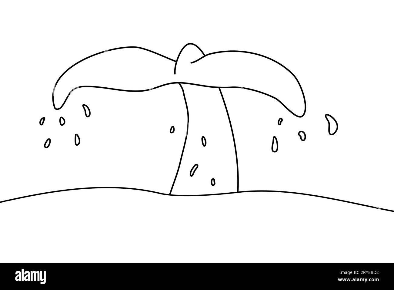 Queue de baleine au-dessus de l'eau de l'océan, beaucoup de gouttes autour, illustration vectorielle plate de style doodle pour livre de coloriage pour enfants Illustration de Vecteur