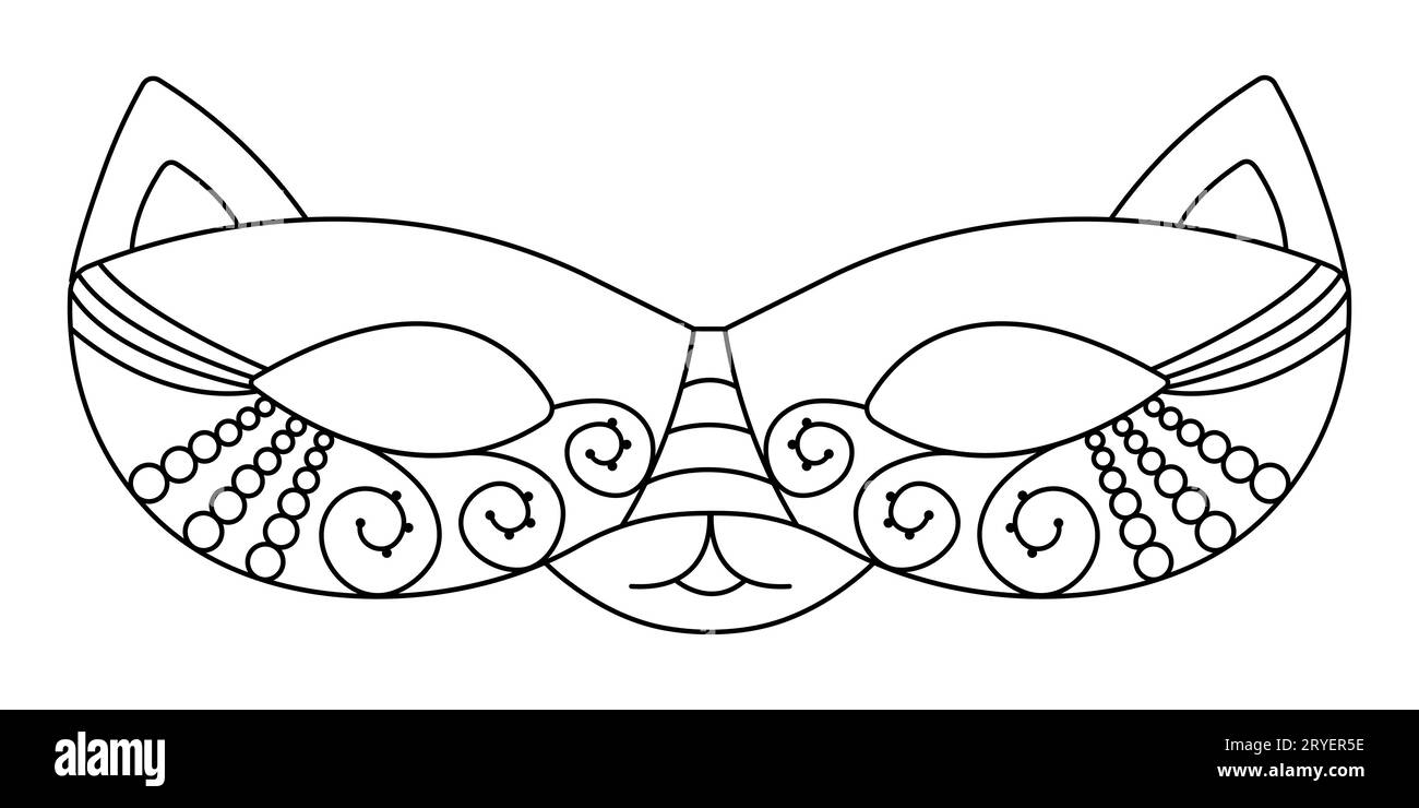 Masque de mascarade de ligne noire de chat, illustration vectorielle féline pour Mardi gras et Pourim Illustration de Vecteur