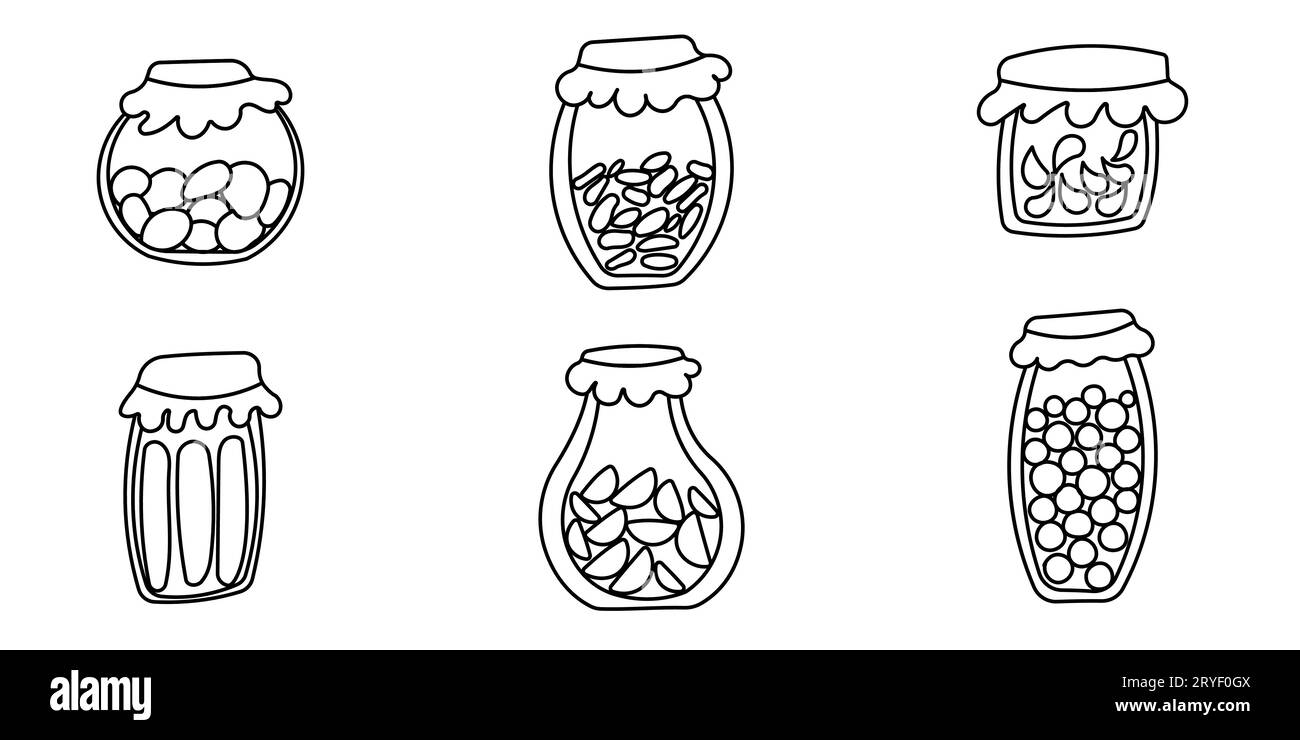 les légumes en pot en conserve tapissent les éléments de l'ensemble de doodles Illustration de Vecteur