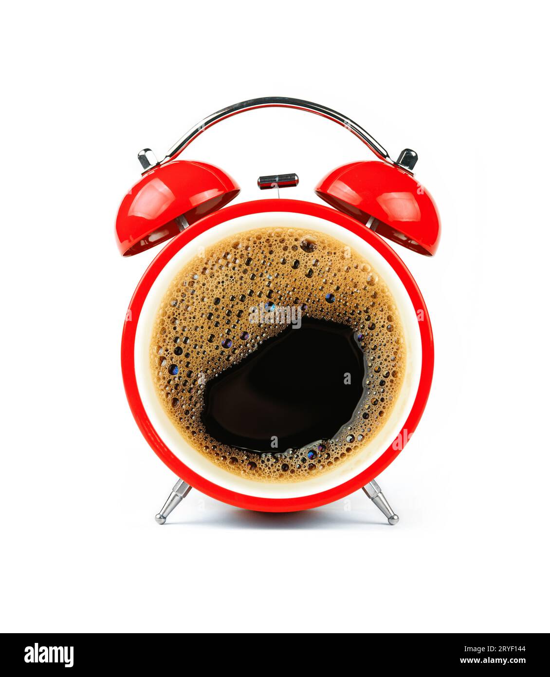 Réveil rouge avec mousse de la tasse de café Banque D'Images