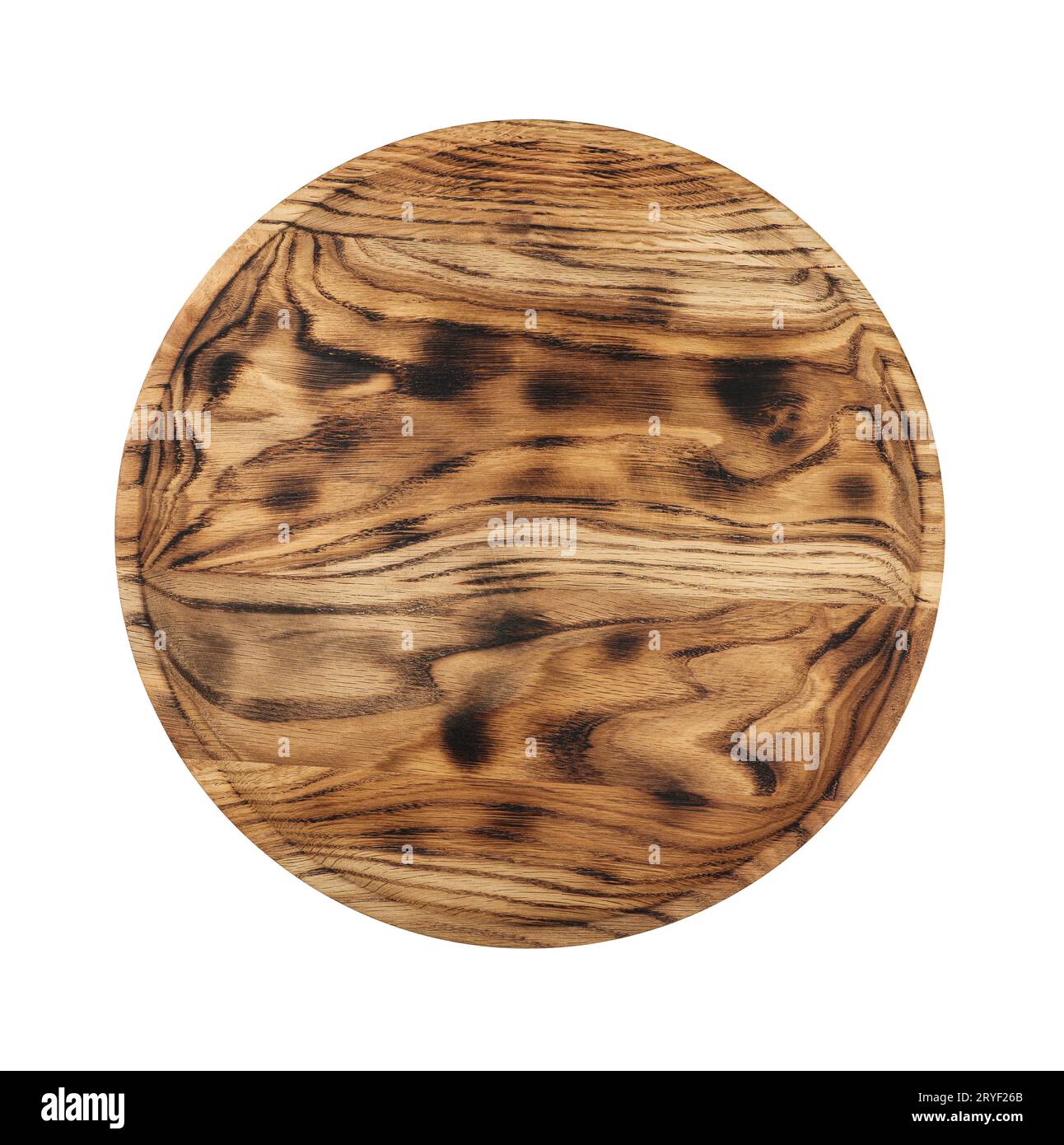 Planche à découper ronde en bois de chêne isolé sur blanc Banque D'Images