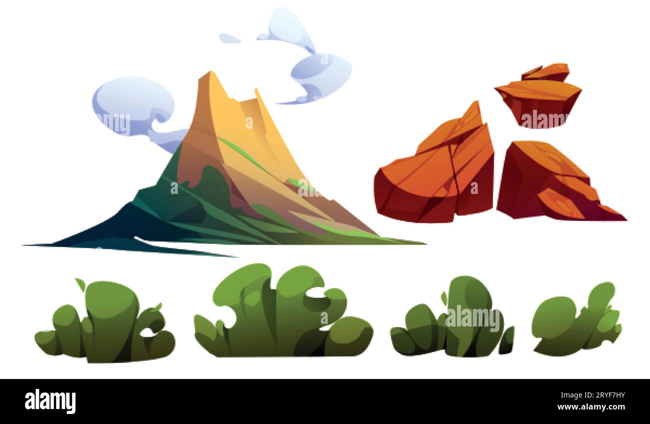 Ensemble de vecteurs de dessin animé d'éruption volcanique - montagne volcanique active avec de la fumée et de la cendre, des pierres brunes et des buissons verts. Préhistorique ou île d'hawaï tropica Illustration de Vecteur