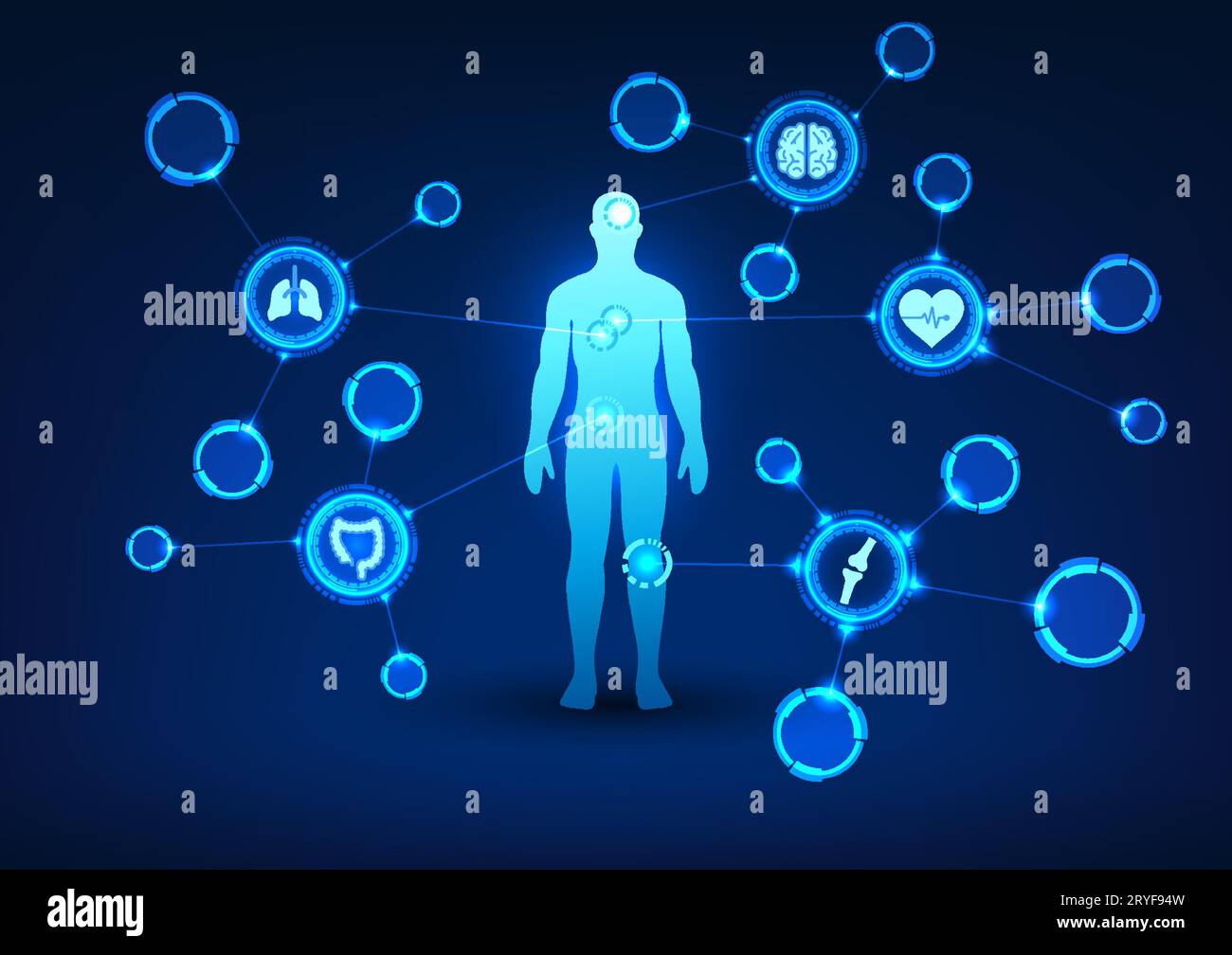 Technologie médicale le corps humain au centre est connecté à une icône médicale. Media détient la technologie combinée avec la médecine. Fournir l'accès au b Illustration de Vecteur