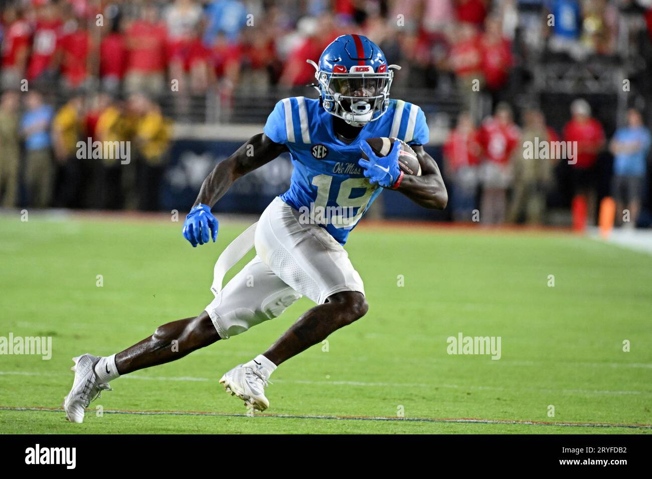 Mississippi wide receiver Dayton Wade (19) runs with the ball during the second half of an NCAA college football game against LSU in Oxford, Miss., Saturday, Sept. 30, 2023. Mississippi 55-49. (AP Photo/Thomas Graning) Banque D'Images