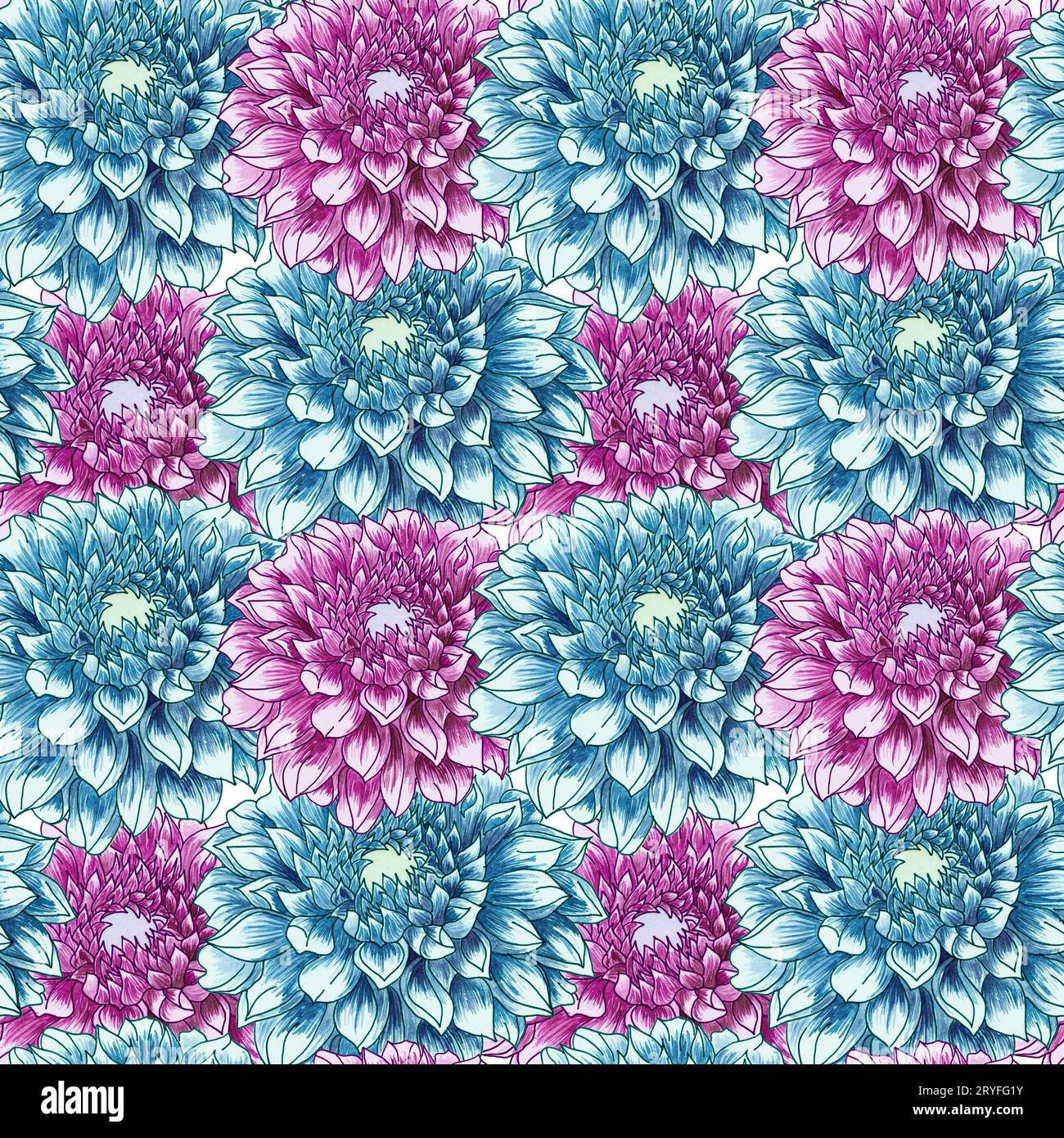 Motif Dahlias sans coutures. Toile de fond Dahlia. Grandes fleurs abstraites de géogin dessinées à la main avec aquarelle. Banque D'Images