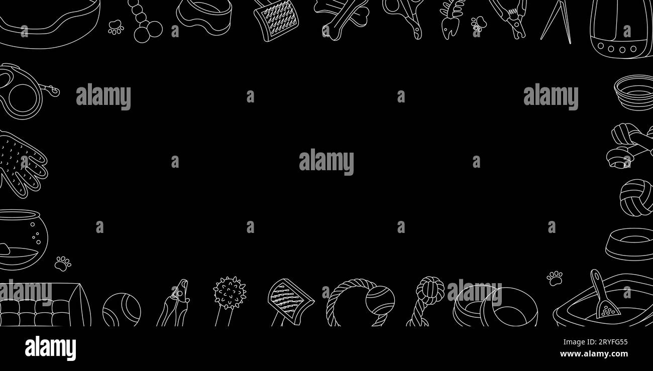 PET fournit une bannière horizontale. Accessoires pour animaux. Oreiller de couchage, jouet à mâcher, médaille, ciseaux, coupe-ongles, brosse, décapant de fourrure, aquarium Illustration de Vecteur