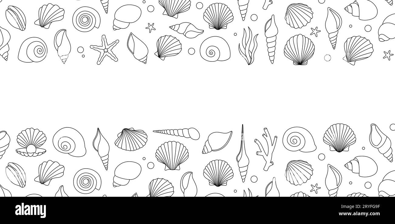 Bannière de contour des coquillages marins. Jeu de coquilles sous-marines. Algues d'eau douce, coraux, étoiles de mer, mollusques, pétoncle, perles. Illustration vectorielle. Illustration de Vecteur