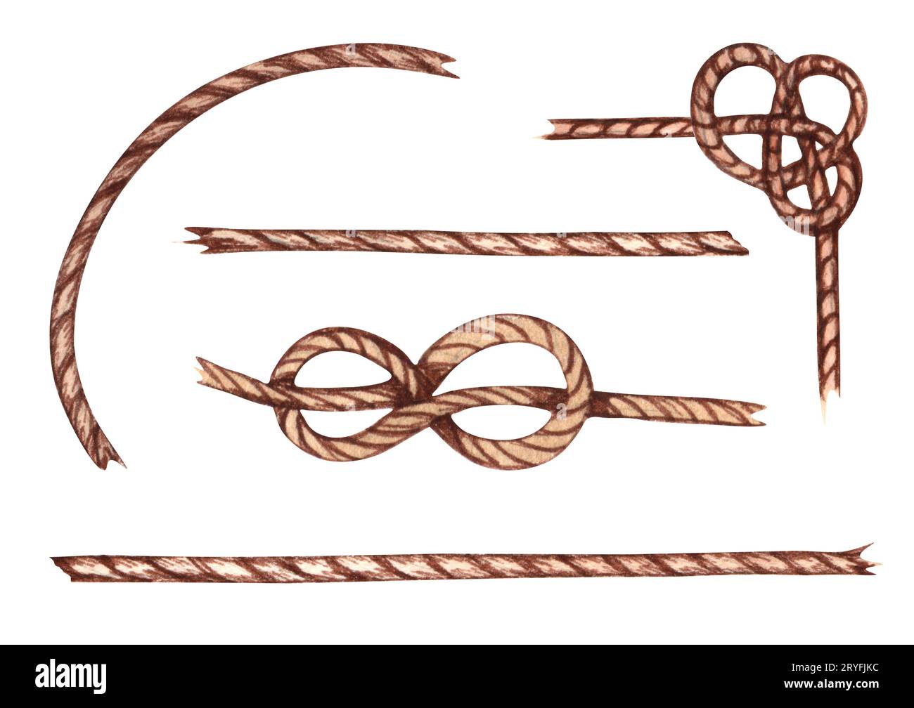 Corde aquarelle, noeud de mer, câble horizontal. Clipart marine. Banque D'Images
