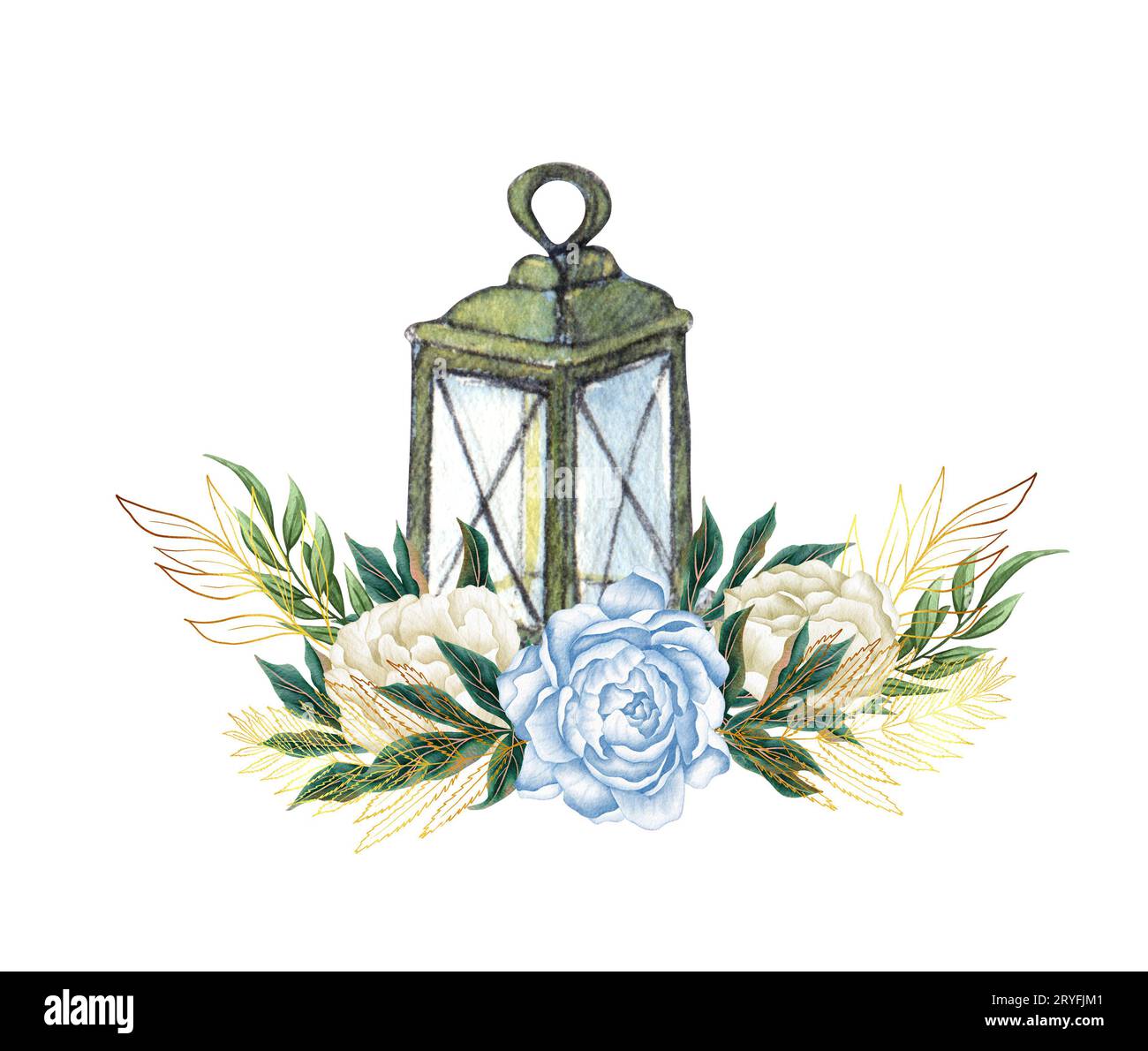 Aquarelle dessinée à la main nautique, marine, illustration florale avec lanterne et arrangement de bouquet de fleurs Banque D'Images